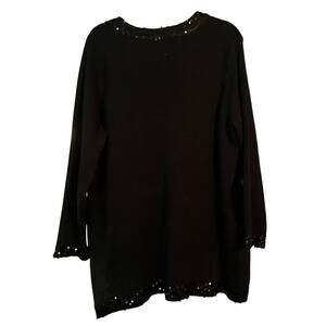 Dana Buchman Black Long Knit Cardigan Sweater L Beaded Accents Cotton Blend